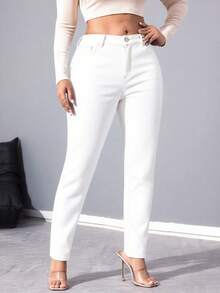 Women's Mid Waisted Slim Fit Fashionable Classic Stretch Denim Pants Jeans Tight Pants Pockets - 白色 - 查看 2