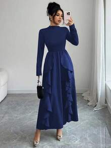Women's Casual Elegant Modest Ruffle Hem Solid Color Dress, Suitable For Daily, Festivals, Birthday Parties, Valentine's Day And Other Occasions In Autumn Spring - Royal Blue - View 8