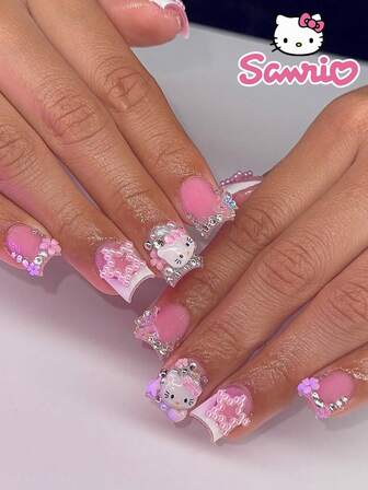  24 Pieces Of Short Square Fake Nails HelloKitty White French Star Pink Flower Sanrio Cute Pressure On The Nail Set (With: A Piece Of Jelly Glue And File) Suitable For Women's Daily Dating Party
