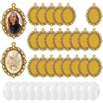 100 piezas de ajustes de colgantes con bisel, 50 bandejas de colgantes ovaladas, encantos de foto con 50 cabujones de vidrio transparente para hacer joyas DIY, kit de bandejas con bisel en blanco para manualidades de 25x18mm en color dorado antiguo