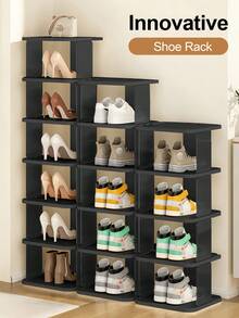 Shoe Rack For Closet, Space Saving Shoe Organizer, Sturdy Storage Shelf, Closet Organizers And Storage, Shoe Cabinet For Upright Or Upside Down, Large Space Fit All Shoe Sizes, Stackable Free Standing Shoe Rack For Entryway, Garage, Corridor, Apartment Essentials, Home Organization - 黑色 - 查看 3