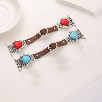 1条波西米亚风心形表带，锌合金材质+不锈钢连接器，镶嵌红色和绿色绿松石，适用于 38mm-49mm替换表带