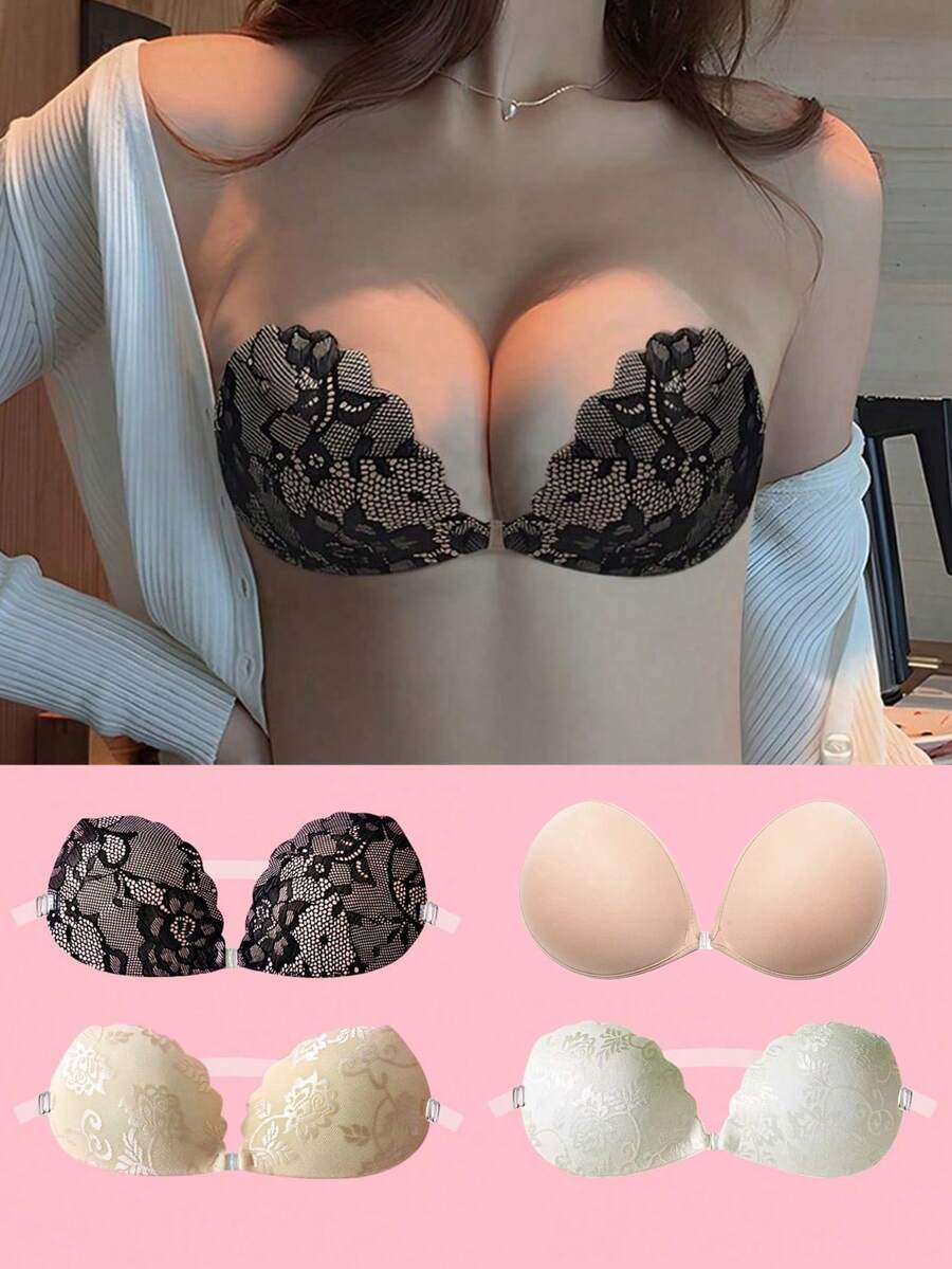 4件/套 女士隐形蕾丝提拉粘性文胸，无肩带，可重复使用粘性硅胶文胸 - 无缝露背U型深V硅胶粘性文胸，适合连衣裙、婚礼、派对、正式场合、夏季服装（请注意，由于生产批次不同，乳贴图案可能略有差异） - 彩色 - 查看 1