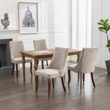 2/4/6 Piece Set Beige Linen Upholstered Dining Chairs, Farmhouse Channel Tufted Dining Chair With Solid Wood Legs For Kitchen,Dining Room. - Màu be - Xem 13