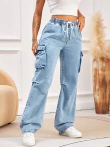 Women's Loose Fit Cargo Denim Pants - Wide-Leg Workwear Jeans With Elastic Drawstring Waist,Non-Stretch Comfortable Casual Trousers,Denim Plus Size Women's Clothing - 淺色水洗藍 - 查看 6
