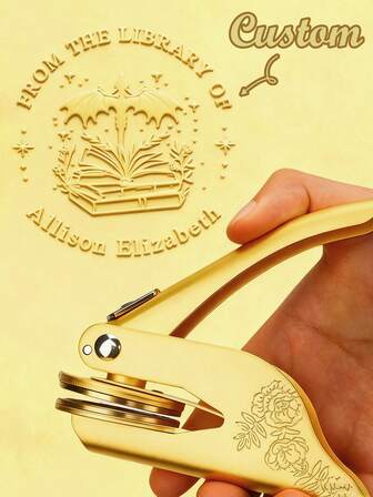 1 pieza Sello de estampado personalizado / Sello de estampado de letra inicial / Sello de estampado con tema de biblioteca / De la biblioteca / Regalo para amantes de los gatos / Regalo para amantes de los libros / Sello de estampado de boda dorado