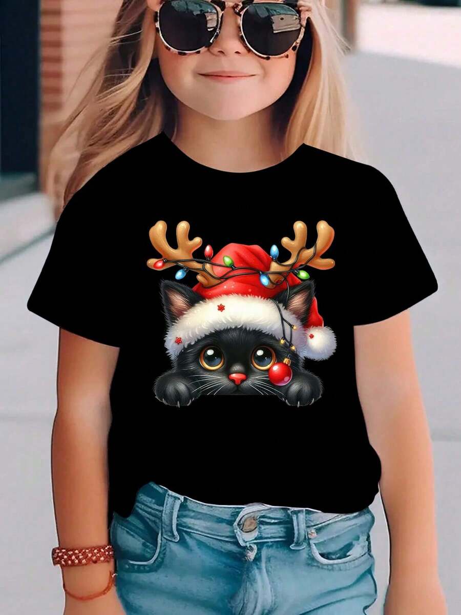 Camiseta De Manga Corta Para Niñas, Navidad Y Verano - Lindo Estampado De Gato De Dibujos Animados Con Gorro De Papá Noel Y Astas De Ciervo, Top Rosa Casual De Cuello Redondo, Tejido Suave Y Transpirable, Corte Regular Para Ropa De Vacaciones Y Casual (NY-DX4888) - Oscuro - Ver 1