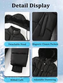Women's Winter Quilted Jacket Mid-Length Hooded Quilted Jacket With Multiple Pockets And Fleece-Lined Windproof Coat Features Magnetic Snap Pockets, Two-Way Zipper, And Detachable Hood Casual Outdoor Winter Top For Warmth, Suitable For Daily Wear, Outdoor,Travel,Gift - 黑色 - 查看 5