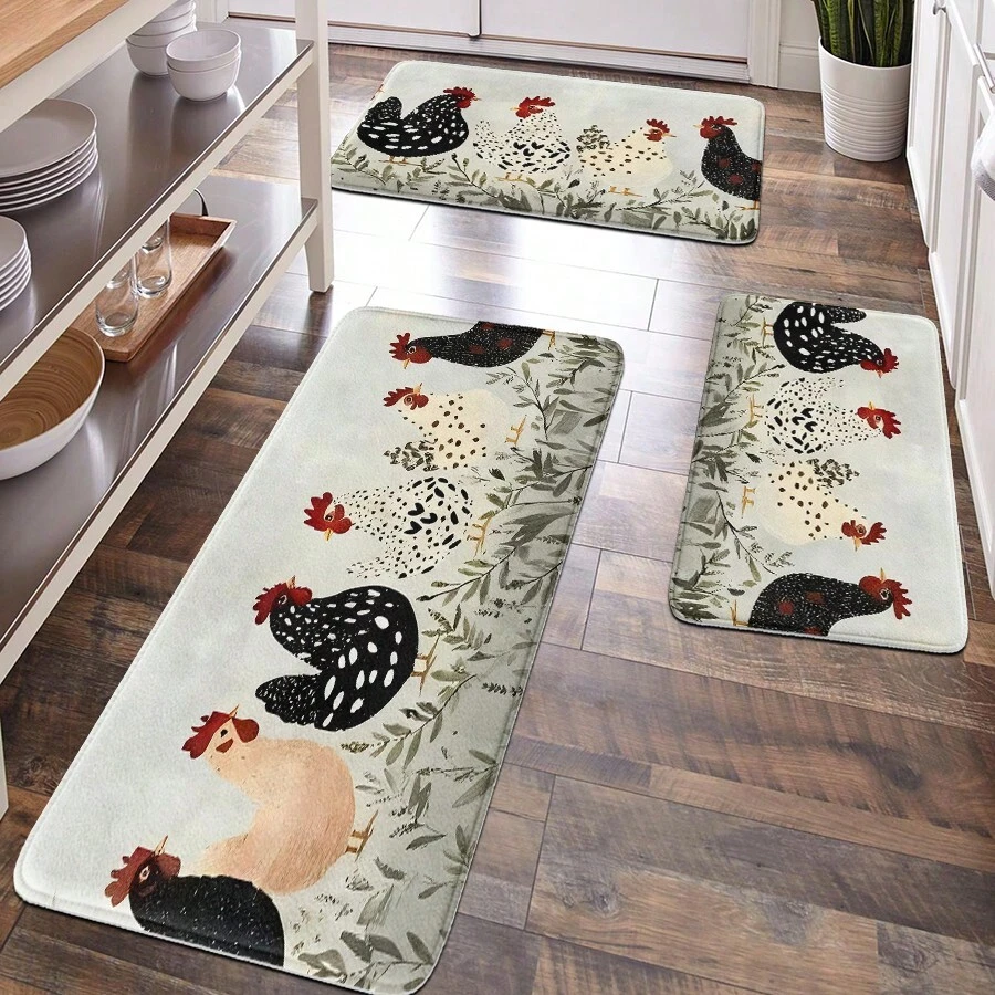 1 tấm thảm trang trí, bề mặt vải nhung mềm mại, họa tiết gà và lá xanh, trang trí theo phong cách Bắc Âu cho nhà ở, phòng tắm, nhà bếp, lối vào, chống mỏi chân, thoải mái cho đôi chân - Nhiều màu - Xem 1