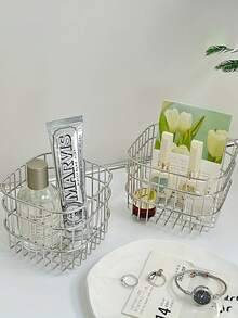 不锈钢方形金属收纳篮，家用桌面杂物收纳篮，化妆品整理篮，置物架收纳篮，桌面铅笔收纳篮，浴室收纳篮，多功能收纳篮，母亲节礼物，置物架收纳篮