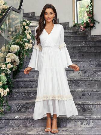 Patchwork Bohemian Lace Inlaid Ruffle Edge Bride's Gift Party Dress
