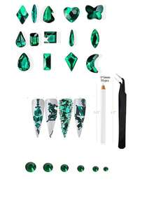祖母绿美甲水钻，1盒大号玻璃绿钻美甲宝石，带挑钻工具，3颗/套3D水晶美甲钻石宝石，平底水钻，多种形状尺寸，美甲设计，适合女性女孩美甲装饰，DIY珠宝制作工艺材料 - 墨綠色 - 查看 2