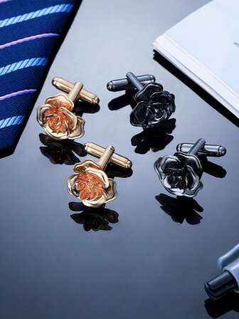 1对男士3D玫瑰造型袖扣，衬衫袖口配饰，节日和生日送给爱人的理想礼物