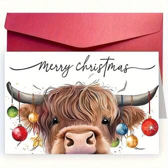 Tarjeta de Navidad | 1 pieza con sobre, papel premium, diseño festivo de cabeza de toro, adornos coloridos, ideal para amigos y compañeros de clase, saludos navideños, vaca saltarina, papel de regalo de vaca de las tierras altas