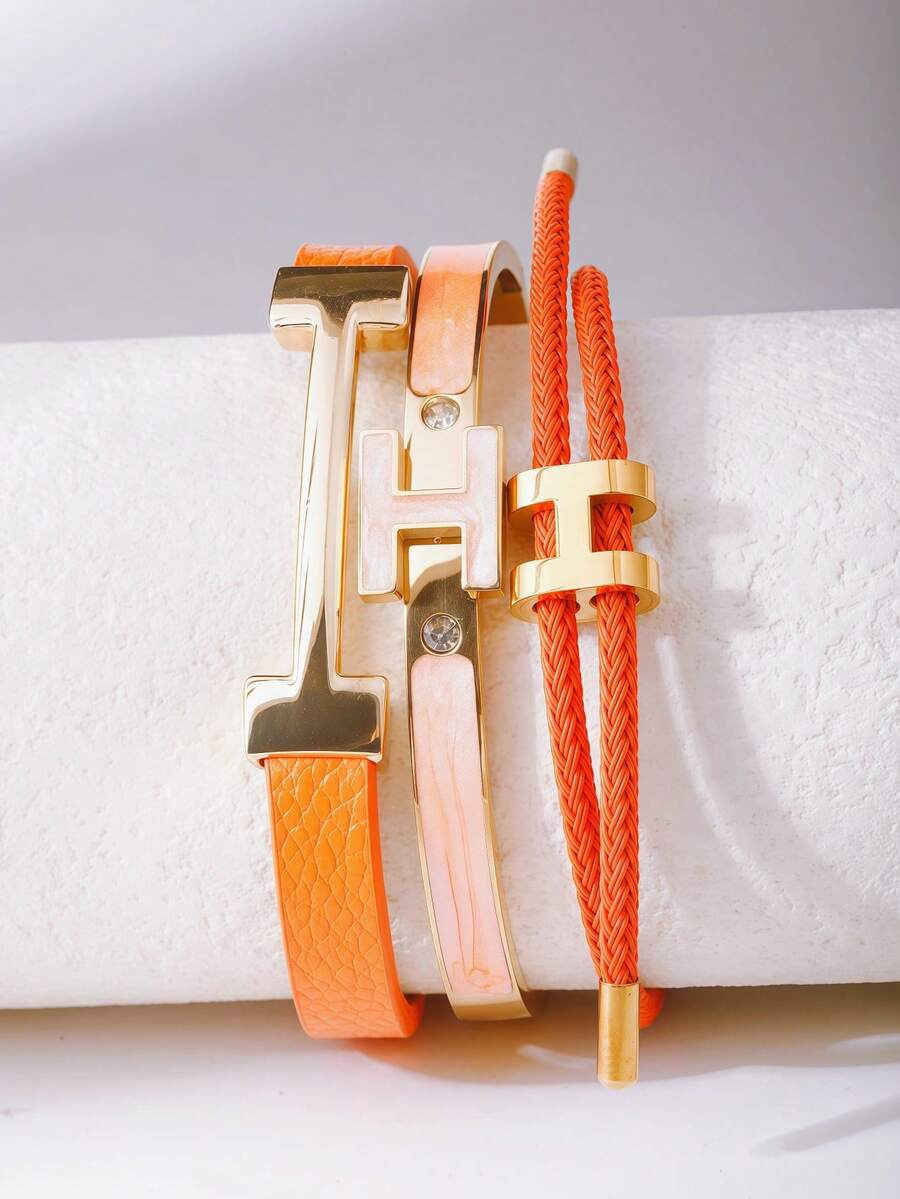 3pcs Fashionable Gold Letter Leather Bracelets, Personalized Charm Jewelry Gift For Girlfriend