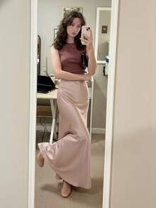 Chân váy midi chữ A thanh lịch dành cho nữ, chân váy satin mềm mại, cạp cao, màu trơn nhẹ nhàng, phong cách thường ngày thanh lịch. - Hồng - Xem 3