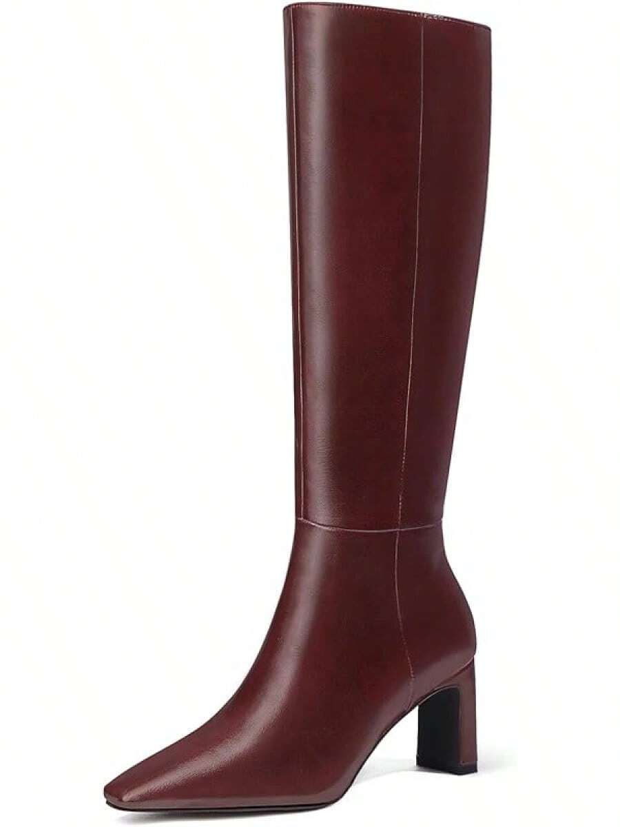 MUCCCUTE Knee High Boots For Women Chunky Heel Square Toe With Side Zipper Pull On Tall Fall BotasChristmas - Burgundy-chunky Heel - View 1