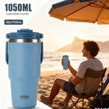 TYESO 1050ml (35 Oz) Vacuum Insulated Water Bottle With Handle, Stainless Steel Coffee Mug With Leak-Proof Lid And Straw. 100% Leak-Proof, Keeps Drinks Hot/Cold For 24 Hours Or Hot For 10 Hours. Suitable For Water, Iced Tea, Coffee, Smoothies And Other Beverages. Available In Various Colors. The Perfect Choice For Festive Or Birthday Gifts. - 藍色的 - 查看 3