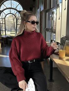 FOR BEAUTY Women's Autumn/Winter New High Neck Burgundy Minimalist Commuter Style Sweater, Fashionable Slim Fit, Elegant & Stylish, Ribbed Long Sleeve Casual Everyday Commuter Warm Knit Top, Suitable For Carnival, New Year, Valentine's Day - Purple - View 3