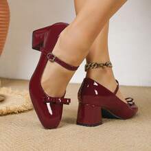 Women's Bow Mary Jane Flats, PU Leather Mary Jane Shoes For All Seasons - Burgundy - View 2
