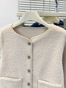 YUXIN 女士秋冬仿羊羔绒外套，简约圆领单排扣设计，饰有双口袋，多种颜色可选，适合日常休闲和通勤穿着，仿毛皮外套 - 杏色 - 查看 8