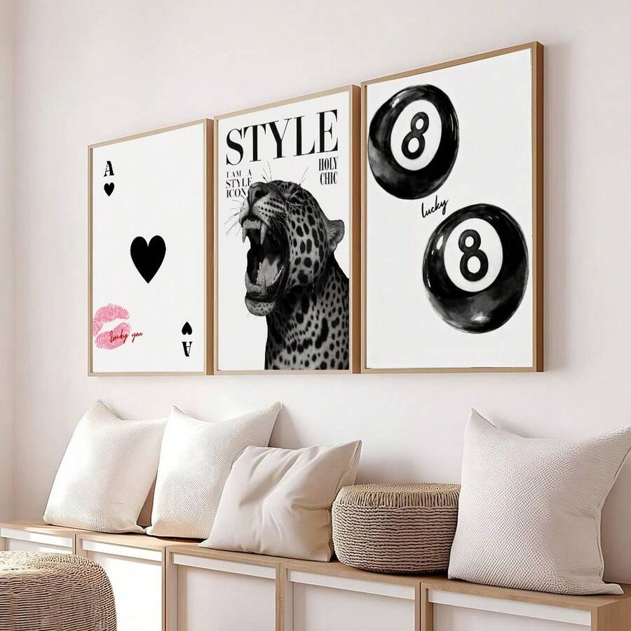 1/3 Obraz ścienny z nadrukiem w panterkę, obraz na płótnie z motywem szczęśliwej kuli 8, różowy plakat dla dziewcząt, elegancki obraz dekoracyjny odpowiedni do sypialni, salonu lub akademika, prezent dla niej, rama nie jest dołączona - Wielokolorowe - Zobacz 1