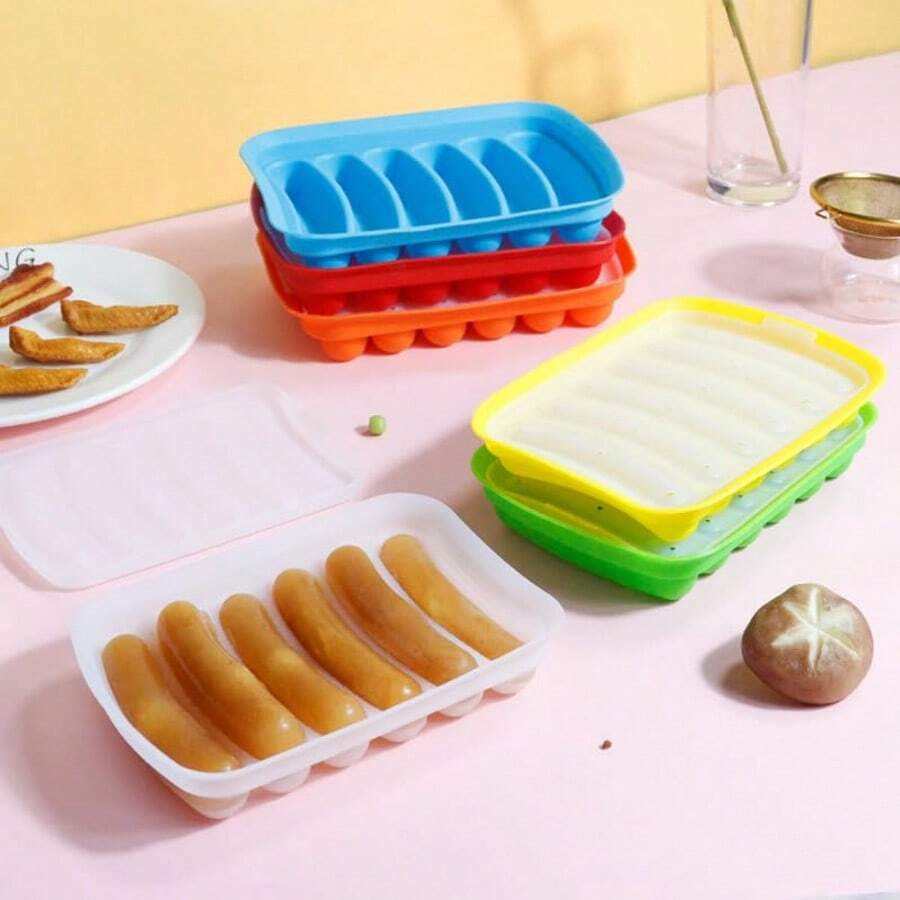 1个硅胶香肠模具，6孔 - 自制汉堡热狗冰棒糖果果冻巧克力托盘模具，DIY家庭热狗鸡蛋香肠烘焙模具带盖 - 彩色 - 查看 1