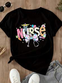 Colorful Nurse T-Shirt With Medical Symbols And Bow Design For Nurses Healthcare Workers And Medical Professionals - Black - View 3