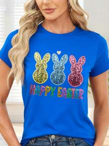 Camiseta de  con Estampado de Conejos Brillantes y Texto Happy Easter para Fiestas de Pascua - Azul - Ver 1