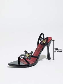 Damen High Heels, geeignet für Frühling, Sommer, Nachtpartys, Reisen, Einkaufen, Treffen, Galas, Laufstegshows, Pendeln, elegante Anlässe. Mit 3D Schmetterling Dekor, dünnen Riemen, modischer spitzer Zehenpartie, Riemen hinten, Cut Out Schmetterling dünne High Heels, einfarbig, spiegelglatte Oberfläche, bequemes Material, sexy, elegant, avantgardistisch, luxuriöser Stil, passend zu Herbstkleidern für Damen, mysteriös, hochwertige schwarze High Heel Sandalen - Schwarz - Übersicht 8