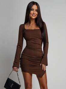 Solid Color Elegant Ruffle Slit Draped Evening Party Dress - Chocolate Brown - View 1