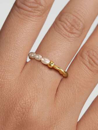 1pc S925 Sterling Silver Ring, Pearl Elastic Beaded Minimalist Design, Elegant & Refined Jewelry Accessory, Gift For Mother, Girlfriend, Friend, Couple, Daily Wear