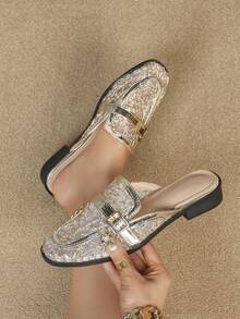 Fashionable & Elegant Commuter Sequin Embroidery Buckle Flat Shoes For Office - Gold - View 1