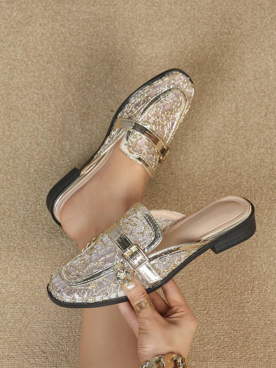 Fashionable & Elegant Commuter Sequin Embroidery Buckle Flat Shoes For Office - Gold - View 1