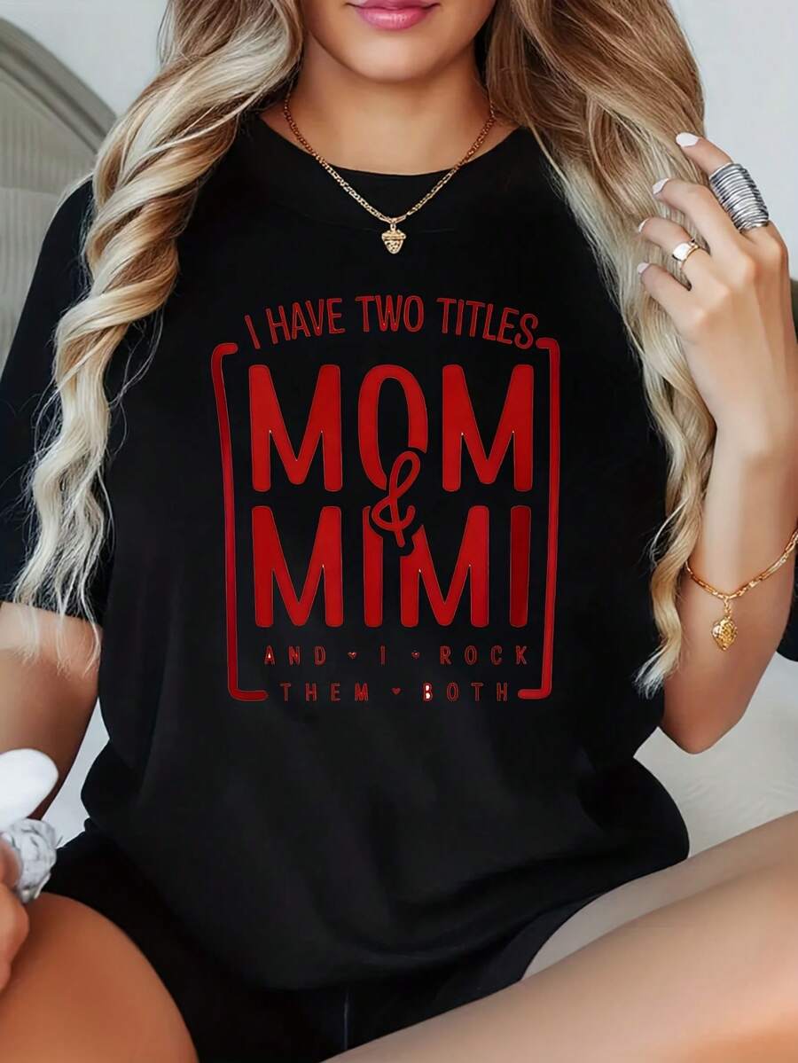 1 Pcs Women's Mom Mimi Plus Size T-Shirt Funny Oversized Graphic Short Sleeve Tee Novelty 100% Polyester Shirt Casual Crew Neck Top 220g - 黑色 - 查看 1