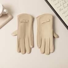 Women's Beige Leather Bow Gloves Elegant Winter Dress Gloves Soft, Warm-Weather Accessories Christmas Party Gift - Multicolor - View 7