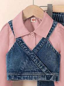 3pcs/Set Girls Solid Color Long Sleeve Shirt + Fashionable Denim Suspender Vest + Fashionable Studded Denim Pants - Pink - View 4