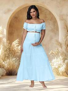 JustVH 2pcs Maternity Off-Shoulder Ruffle Hem Crop Top And Flowing Maxi Skirt Set, Suitable For Photography And Beach Wear Spring - Baby Blue - View 4