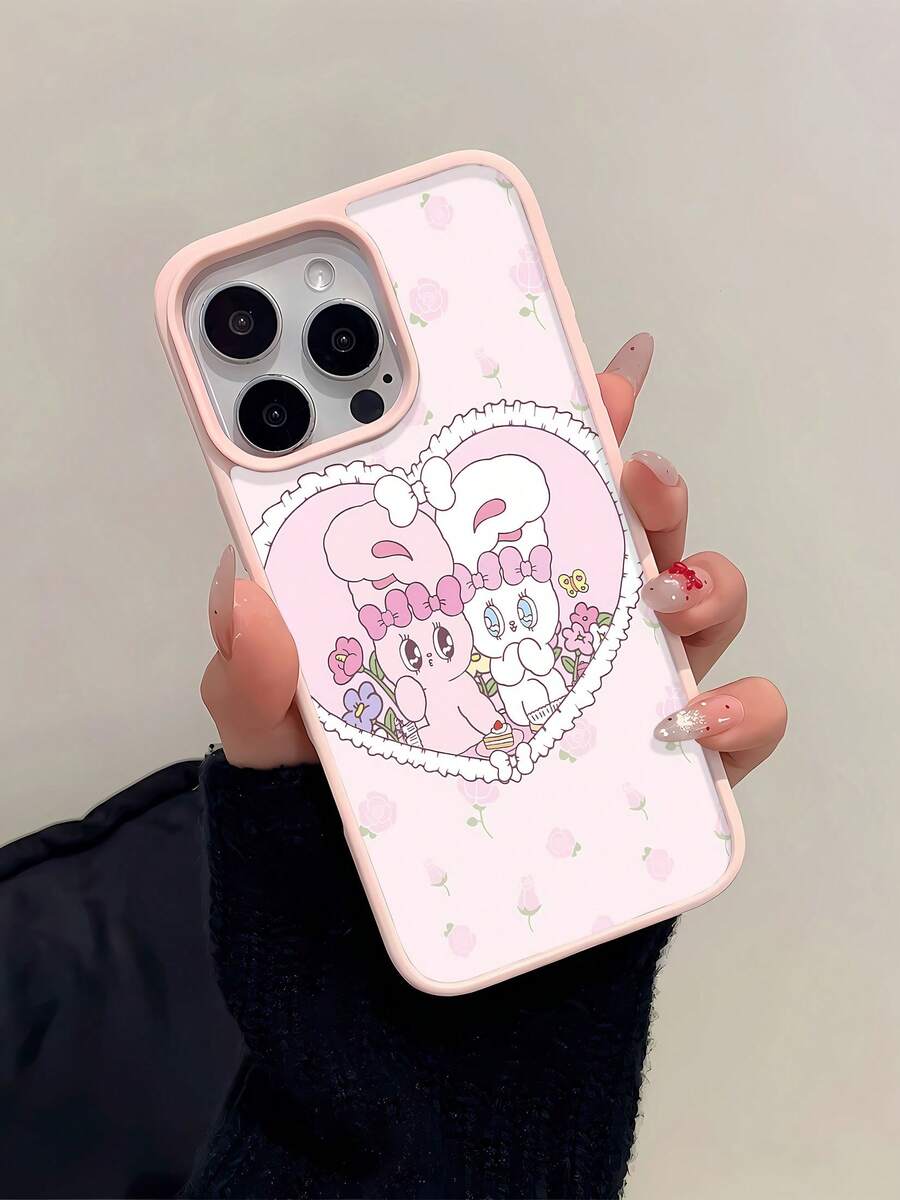 Funda magnética rosa con diseño de conejito, adornada con flores y corazones. Compatible con 17, 16, 16 Pro Max, 15, 15 Pro Max, 14, 13, 12 y 11 Pro. Fabricada en TPU, ofrece protección contra golpes. Un regalo ideal para familiares, amigos, niños, cumpleaños, Año Nuevo Chino, vacaciones, parejas y San Valentín. - Rosa - Ver 1