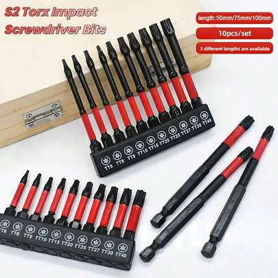 10件套Torx螺丝刀头套装，50mm/75mm/100mm Torx冲击螺丝刀头，T6-T40 CNC加工磁性刀头，S2钢星形刀头，高扭矩精密工具