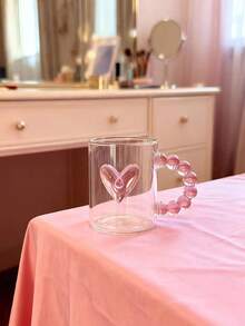 1pc INS Style Bow & Heart Print Glass Cup, Asymmetric Handle Water Mug, Home Afternoon Tea Coffee Cup, Juice Cold Drink Cup, Breakfast Milk Cup, Yogurt Oatmeal Cup, Holiday Gift Cup, Great Gift For Friends And Family, Valentine's Day Gift, Back To School Gift - Multicolor - View 7