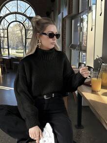 Áo len nữ FOR BEAUTY mùa Thu/Đông mới, cổ cao, màu đen, kiểu dáng đơn giản, phù hợp đi làm, thời trang, ôm sát, thanh lịch và sành điệu, tay dài, chất liệu dệt kim gân, kiểu dáng thoải mái, thích hợp mặc hàng ngày đi làm, thích hợp cho năm mới. - màu đen - Xem 3