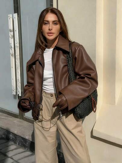 Chic Women's Short Brown PU Biker Jacket Featuring Collar Long Sleeves And Zipper Pockets For A Stylish Look