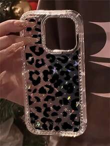 豹纹奢华黑色豹纹水钻手机壳，兼容 17 Pro Max、16 Pro Max、15 Pro Max、14 Pro Max、13 Pro Max、12 Pro Max、17 Pro、16 Pro、15 Pro、14 Pro、13 Pro、12 Pro、16、15、14、12、13、11，柔软防震后盖 - 黑色豹紋 - 查看 3
