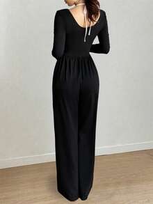 Women's Casual Pleated Loose Straight Jumpsuit - Black - View 10