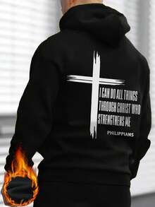 男士休闲街头风格字母与十字架（宗教元素）印花长袖连帽无口袋卫衣，适合秋冬 - 黑色 - 查看 4