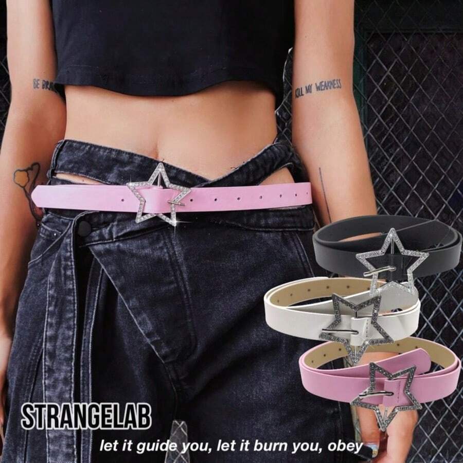 1 pieza Cinturón de cintura estilo Y2K color rosa "Dopamine Babe", adecuado para vaqueros, nuevo diseño con decoración de estrella para el verano - cinturón - Ver 1
