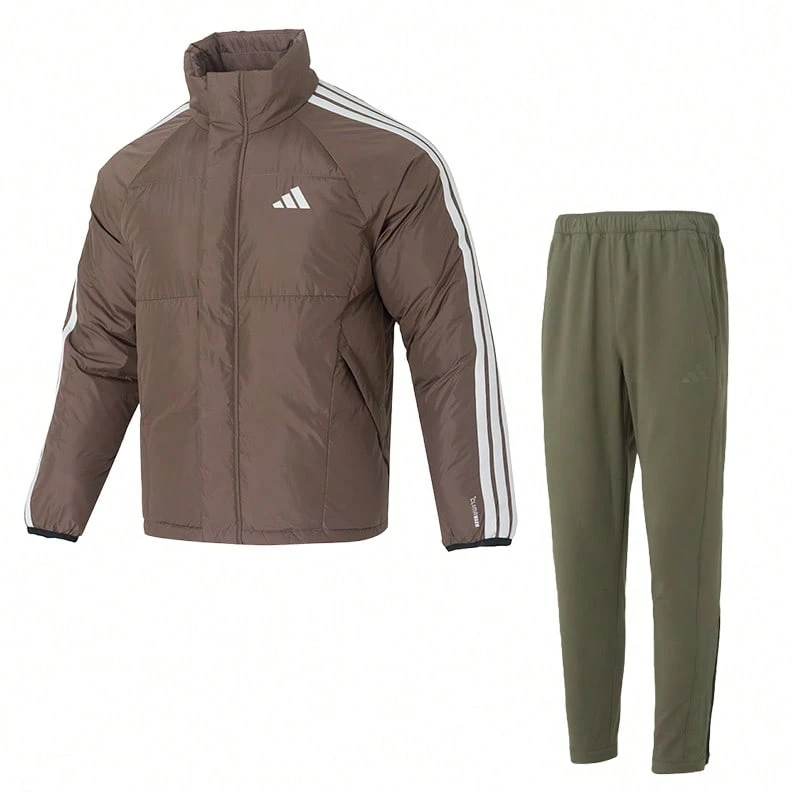 Adidas [Men's Sports Suit] 3S LW D JKT Down Jacket (80% Down Content) + SL WARM PNT Woven Fleece-Lined Trousers Casual Outdoor Everyday Suit KC2488+KA1299 - Brown/Olive Green - View 1
