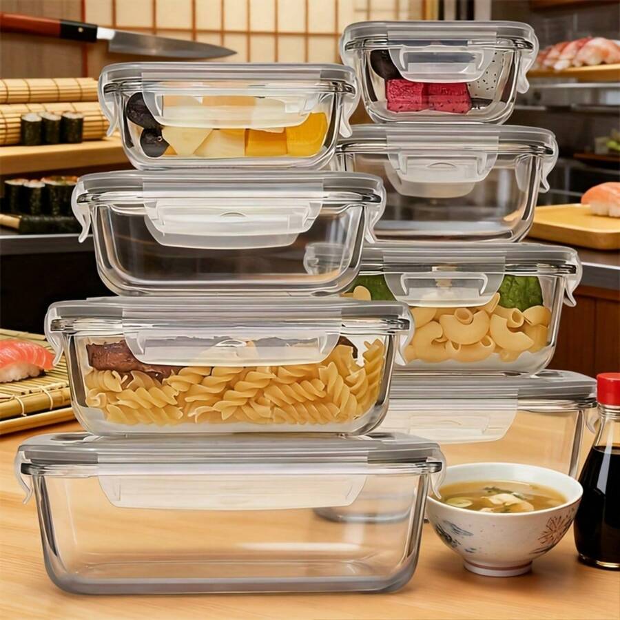 8 Stück Glass Nahrung Containers , Oven, Freezer & Dishwasher Safe, Reusable Rectangular Food Storage Containers for Lunch, Leftovers, Snacks - Durable, Space-Saving Design, Food-Safe Glass, Multi-Purpose Kitchen & Dining Organization, Microwave Safe Containers | Sleek Rectangular Containers | Durable Glass Containers, Meal Prep Containers - Grau - Übersicht 1