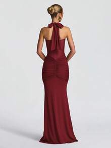 性感吊带露背收腰高开衩连衣裙，网纱拼接度假派对礼服，适合春季婚礼 - 酒紅色 - 查看 2